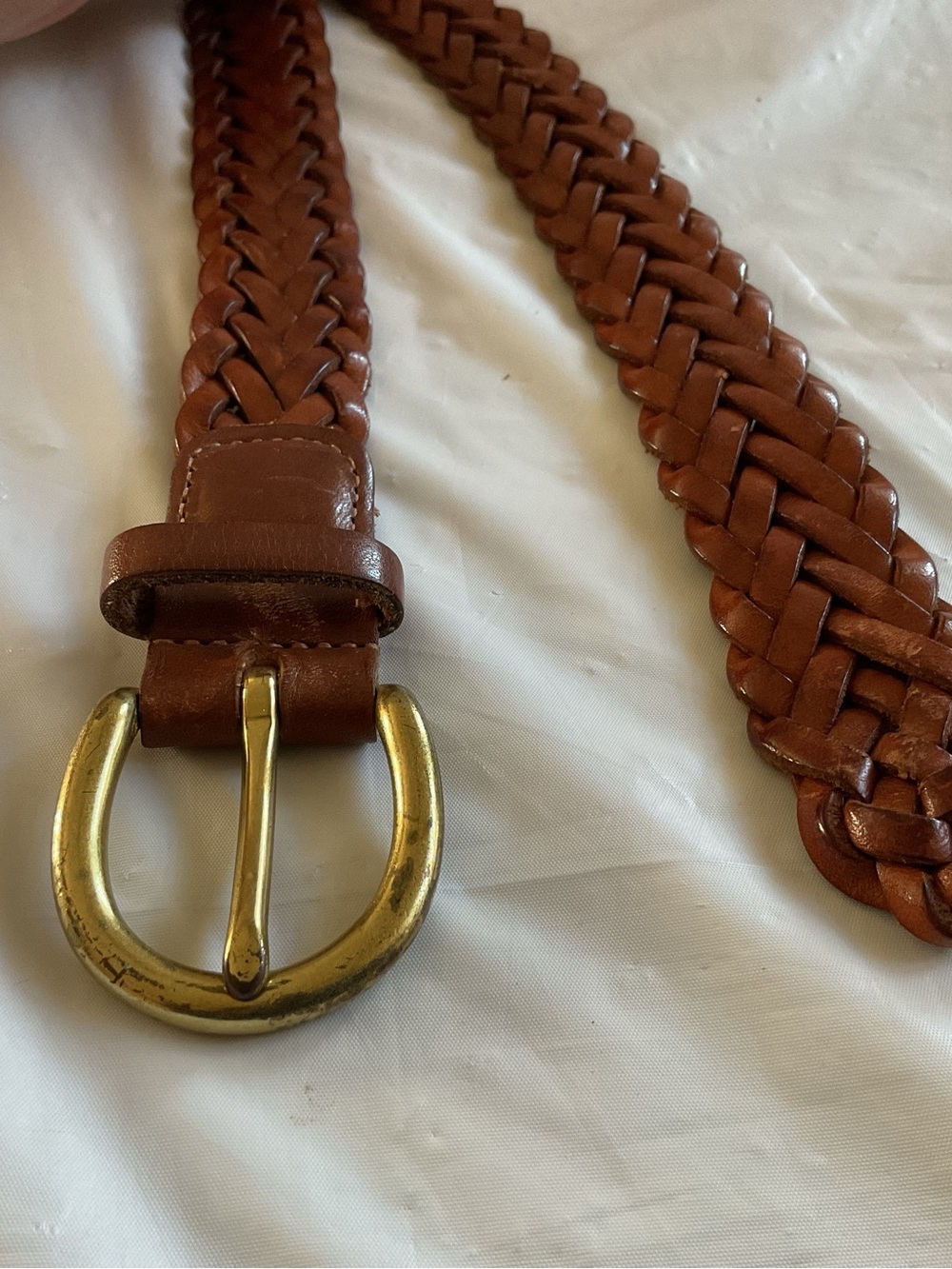 Braided Brown Leather Belt with Brass Buckle